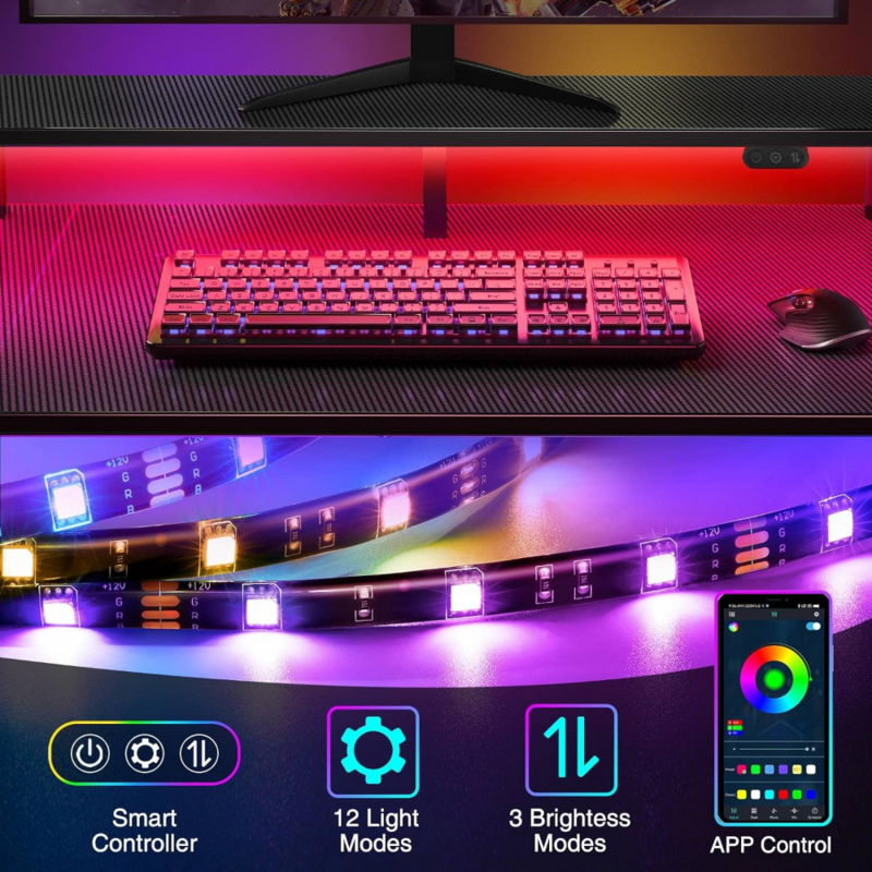 مكتب ألعاب على شكل حرف L مع مصابيح LED ومنافذ طاقة ، مكتب كمبيوتر قابل للعكس مع رف تخزين وحامل شاشة ، 50 بوصة