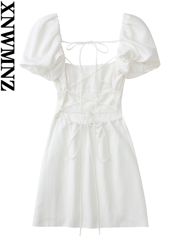 فستان نسائي أبيض من XNWMNZ بتصميم مزيج من الكتان برقبة مربعة وأكمام قصيرة منتفخة بدون ظهر وبحمالات متقاطعة فستان للنساء