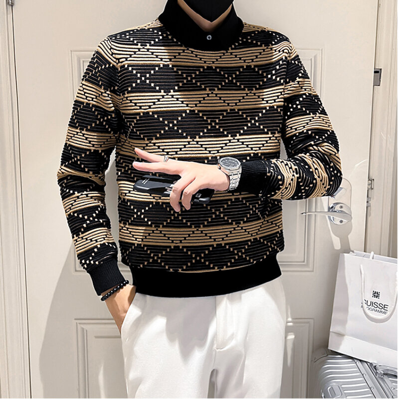 Shirt Collar Fake Two Sweaters/ High Quality Men's New Autumn Winter Stripes Slim Fit Casual Korean Thickened Knitting Pullover
