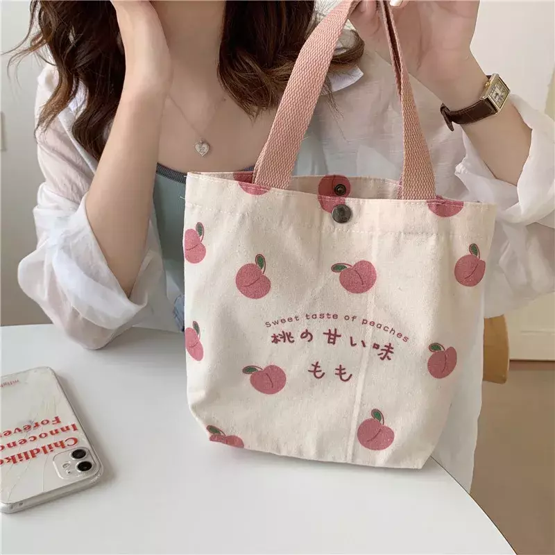 حقيبة قماش للنساء ، حقيبة غداء يدوية من الخوخ الياباني ، حقائب يد كورية صغيرة للطلاب ، قماش قطني ، حقيبة حمل للتنزُّه ، طعام