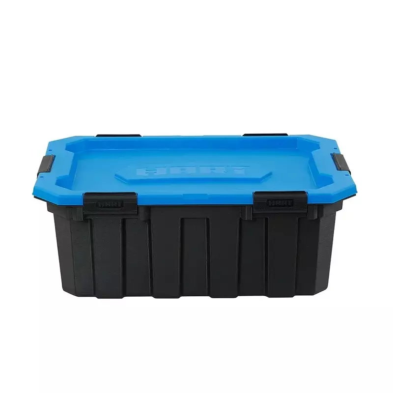 صناديق تخزين بلاستيكية مقاومة للماء ، سوداء بغطاء أزرق ، الولايات المتحدة الأمريكية ، 18 غالون ، جديدة