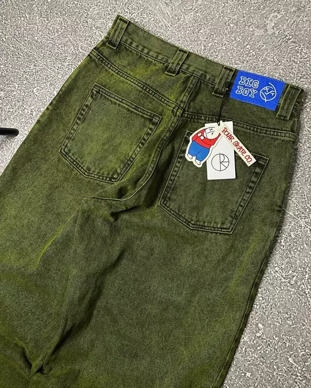 جينز رجالي أخضر فضفاض مغسول ، بنطال غير رسمي مستقيم ، ثقافة هاراجوكو ، زلاجة قطبية ، علامة تجارية ، جديد ، صيف