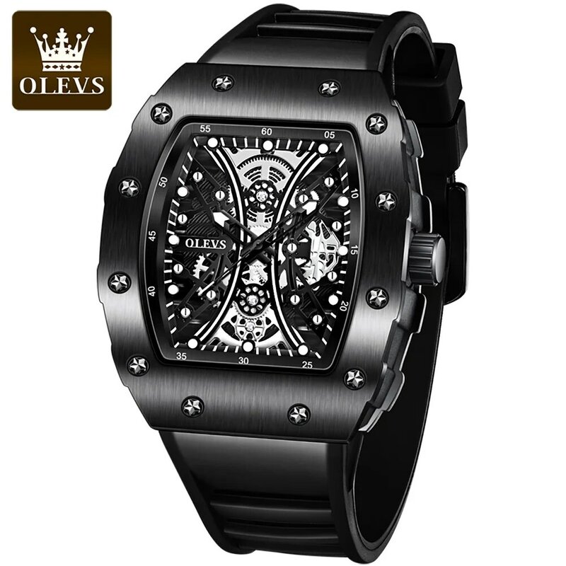ساعة أوليف تونيو كوارتز للرجال ، حزام مطاط أسود ، تصميم هيكل عظمي ، ساعات رياضية ، علامة تجارية مشهورة ، موضة