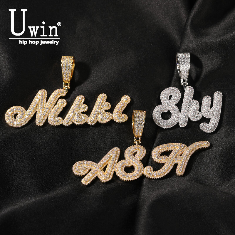 Uwin Custom Name Necklace  Brush Cursive Letter With Small Baguette Chain Iecd Out Full Iced Out Zircon Pendant Gift HipHop