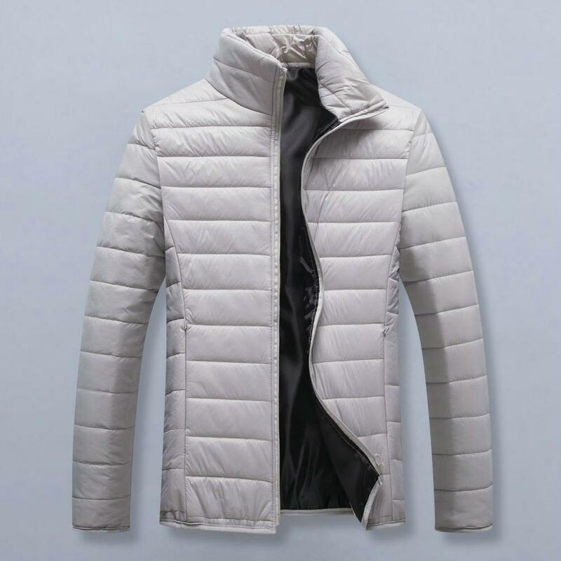 معطف قطني للرجال أحادي اللون بياقة قائمة ، مبطن سميك ، دفء ، مقاوم للرياح ، مقاوم للبرد ، ناعم ، شتوي