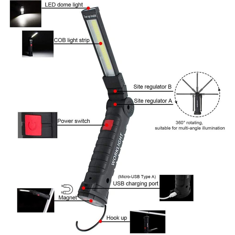 متعددة الوظائف للطي ضوء العمل ، المحمولة التخييم الخفيفة ، USB قابلة للشحن مصباح يدوي مع المدمج في البطارية ، مصباح مغناطيسي