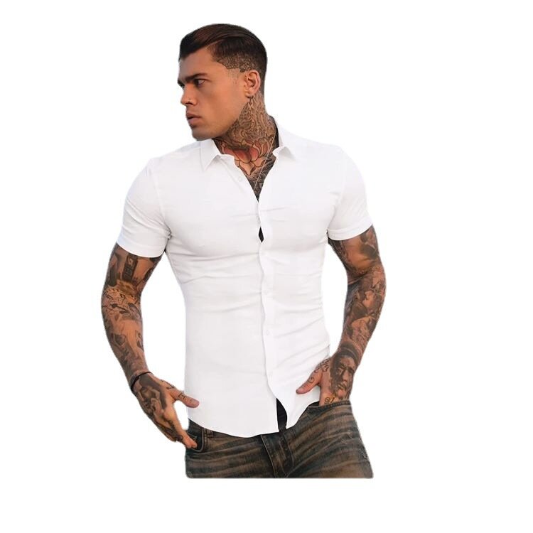 جديد وصول موضة Hot البيع الرجال العضلات قميص رسمي سليم صالح مطاطا الحرة قصيرة الأكمام الرجال زر عادية قميص الرجال أعلى