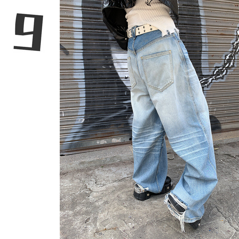 جينز نسائي متهالك عتيق كارجو في الشوارع ، بنطلون واسع الساق ، ملابس الشارع ، الشخصية ، الخدش ، الجديد