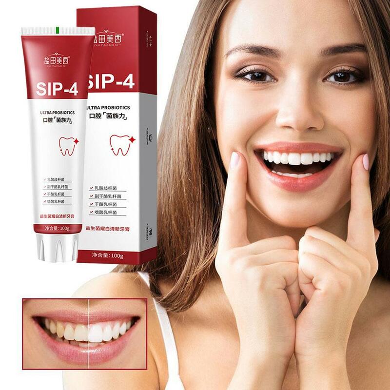 Sip-4 معجون أسنان تبييض الأسنان بروبيوتيك ، يزيل حساب التفاضل والتكامل وصمة عار ، وتخفيف عدم الراحة اللثة ، والرعاية الصحية عن طريق الفم ، معجون أسنان التنفس الطازج