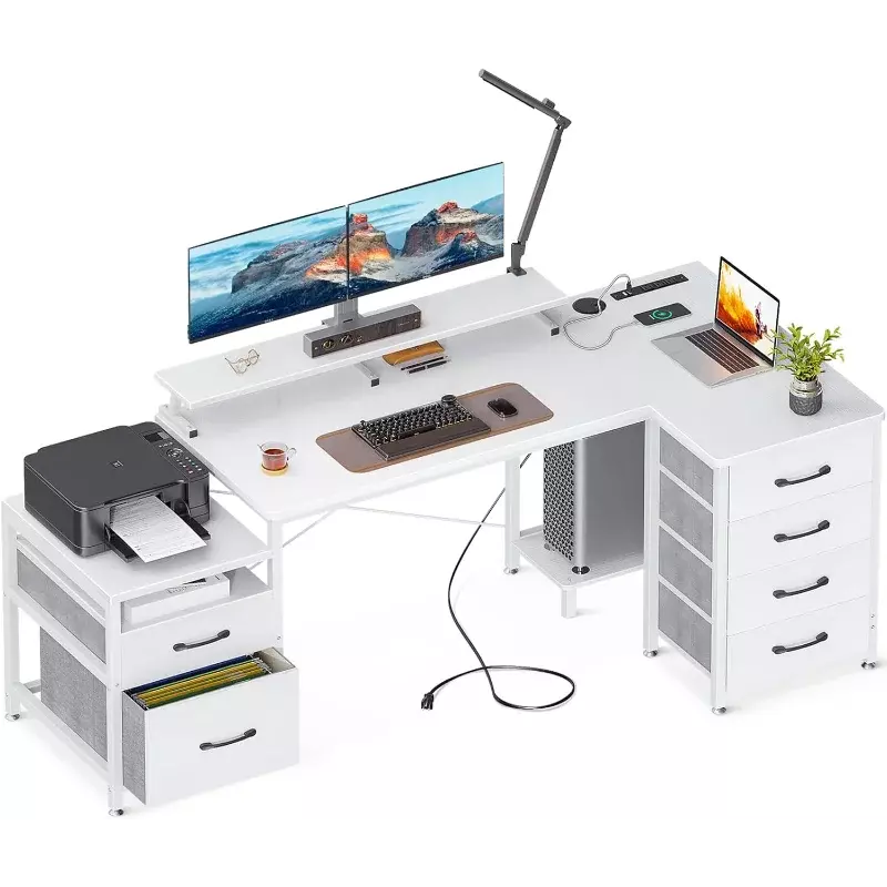 مكتب كمبيوتر على شكل حرف L مع خزانة طابعة ومكتب وأدراج ملفات و 3 منافذ طاقة ومنافذ USB و 72 في المنزل