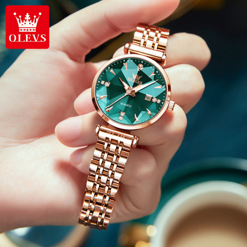 ساعة OLEVS-ساعة كوارتز نسائية مقاومة للماء من الفولاذ المقاوم للصدأ ، ساعة مضيئة للتاريخ ، أزياء فاخرة ، دالتون ، مرآة خضراء ، علامة تجارية مشهورة