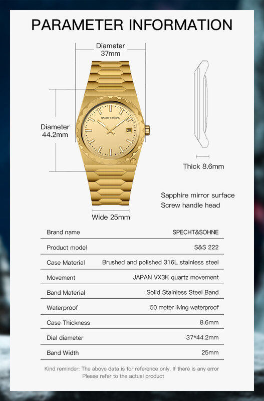 ساعة كوارتز للرجال من Specht & Sohne ، ساعة يد ياقوت فائقة النحافة ، فولاذ مقاوم للصدأ مضيء ، ذهب مقاوم للماء ، ذهب PVD ، 37