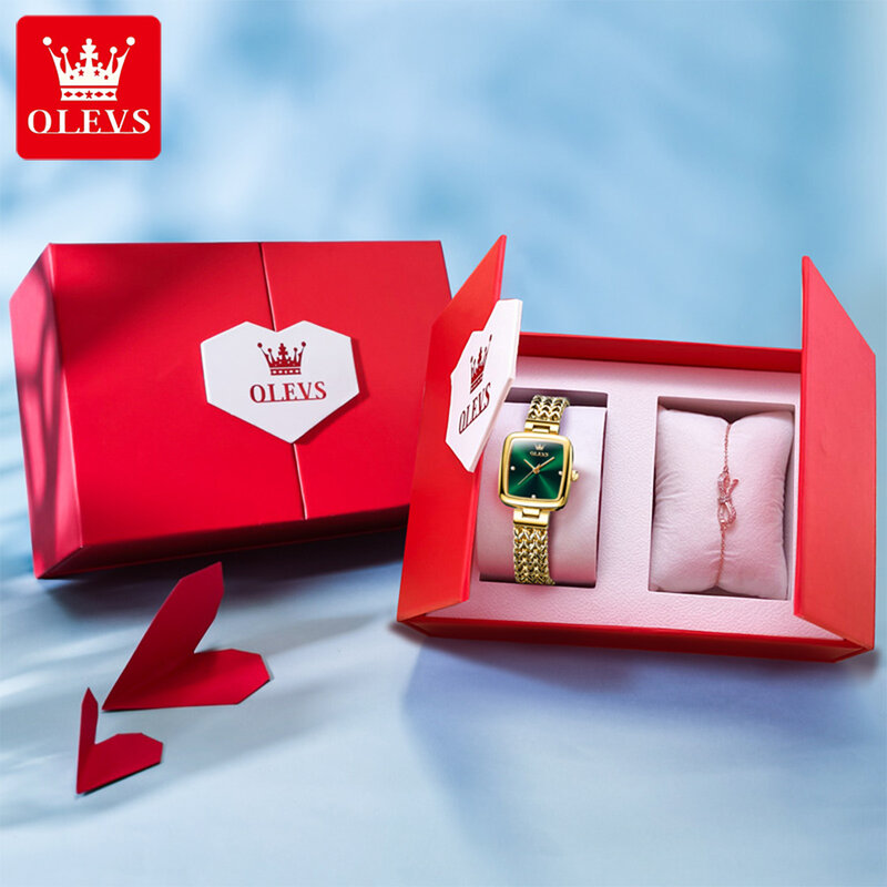 ساعة أوليف خضراء نسائية مع قرص صغير ، أزياء أنيقة ، ساعة خضراء للفتاة ، حزام فولاذية شبكي ، صندوق هدايا أحمر مع سوار