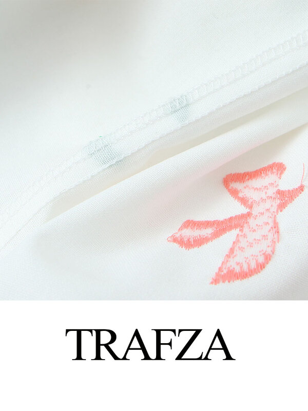 TRAFZA-ملابس علوية نسائية مطوية لأسفل ، فضفاضة ، كاجوال ، أبيض ، تطريز ، صدر واحد ، أكمام طويلة ، قمصان نسائية ، موضة الصيف