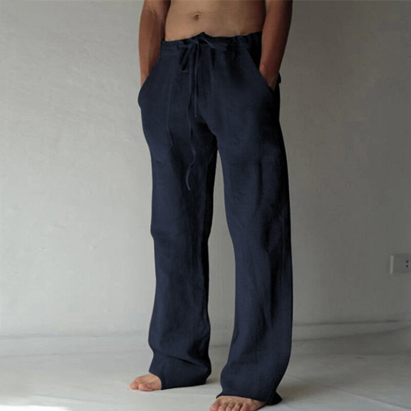 2023 جديد الصيف الرجال بلون الكتان السراويل متعددة جيب مستقيم Pants غير رسمية كبيرة الحجم تنفس ضوء فضفاض بنطلون الذكور