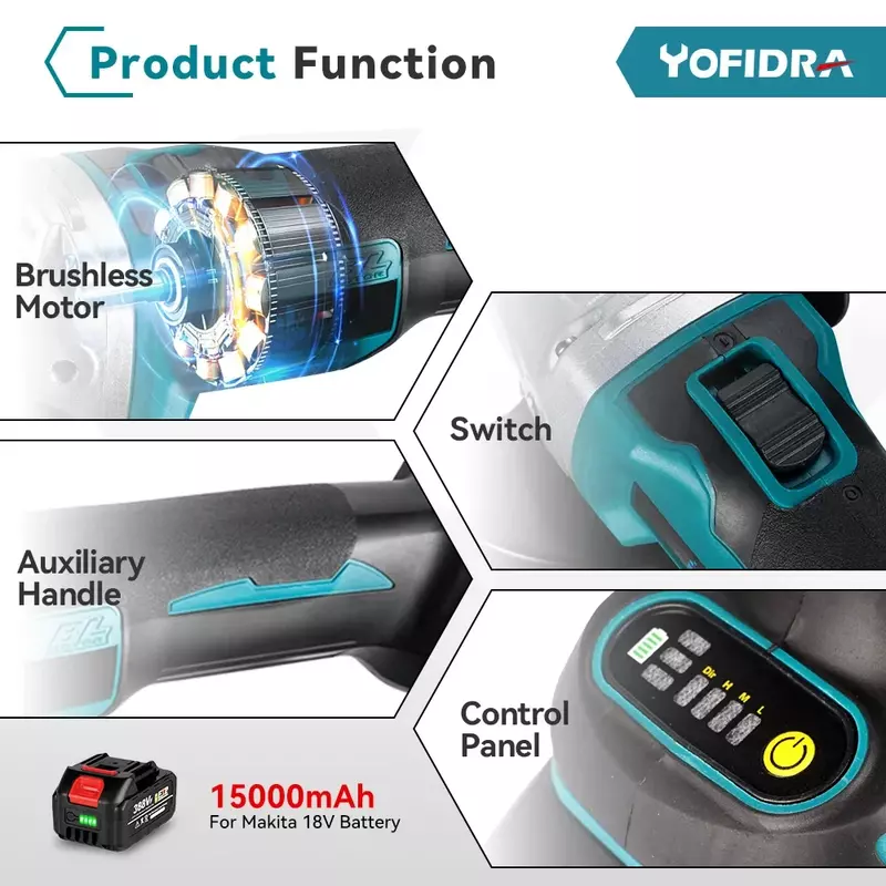 Yofidra-مطحنة بزاوية بدون فرش ، 4 تروس ، آلة طحن لاسلكية ، قطع ، أداة كهربائية لأعمال النجارة ، بطارية ماكيتا 18 فولت ،