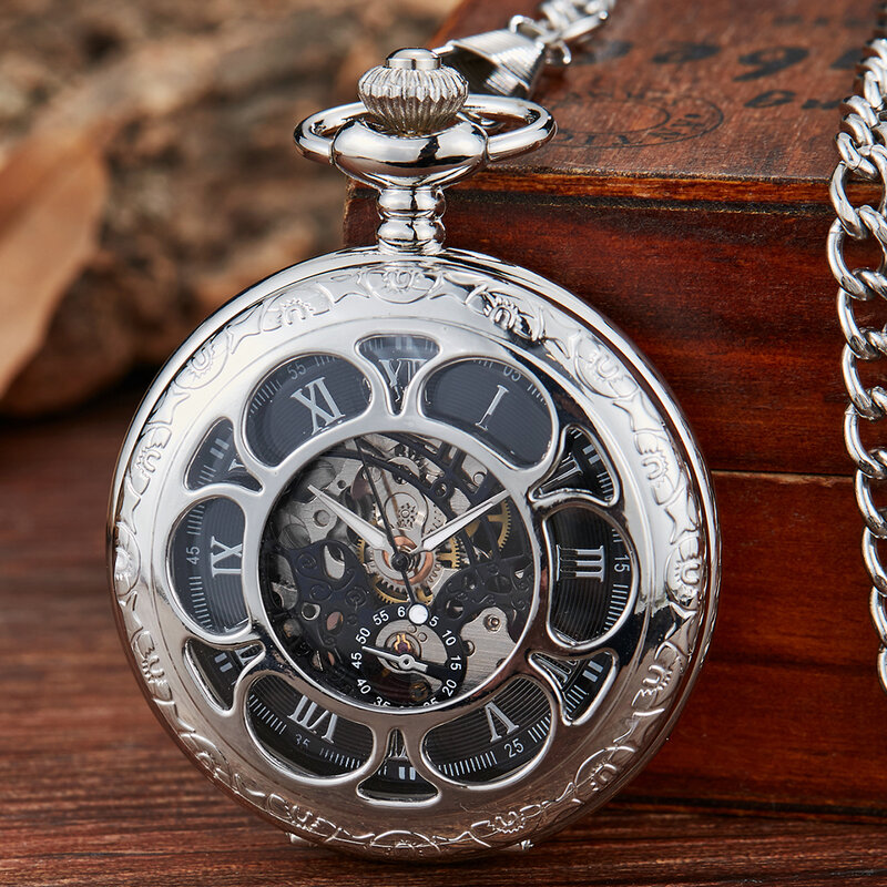 الأرقام الرومانية الفاخرة الميكانيكية ساعة جيب نقش نحت الشظية حالة Steampunk الهيكل العظمي الساعات فوب سلسلة ساعة للرجال