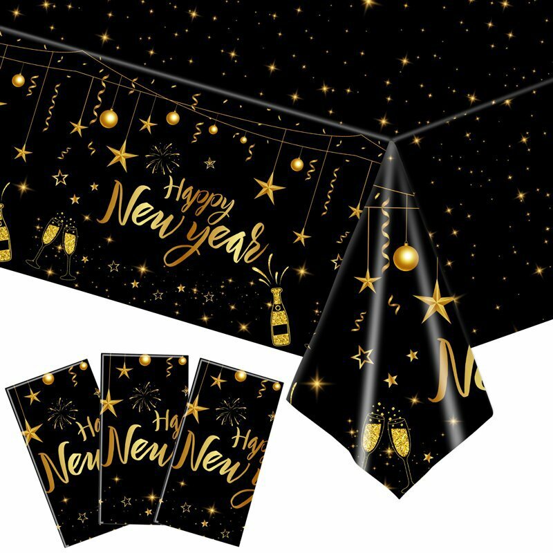 137x274 سنتيمتر سعيد السنة الجديدة tablecloth الذهب الأسود غطاء الطاولة البلاستيكي للمنزل سطح المكتب ديكور جديد سنوات عشية عيد الميلاد حفلة لوازم