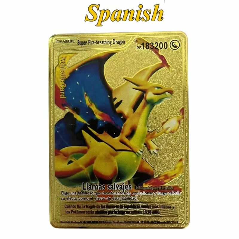 بطاقات البوكيمون الاسبانية معدن الذهب بطاقات البوكيمون الاسبانية بطاقات الحديد الصلب mewtwo بيكاتشو gx charizard vmax حزمة مجموعة الألعاب