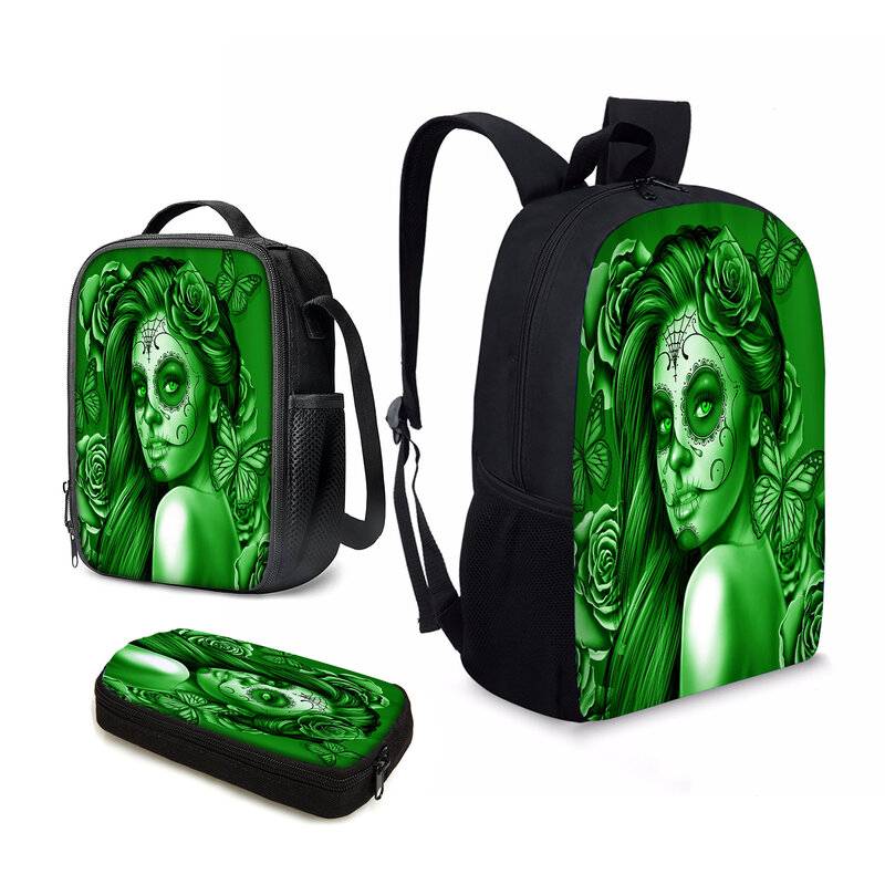 YIKELUO الأخضر الحلوى الجمجمة فتاة شعبية دائم العلامة التجارية على ظهره مريحة قابل للتعديل حزام حقيبة مع الرمز البريدي معزول حقيبة الغداء