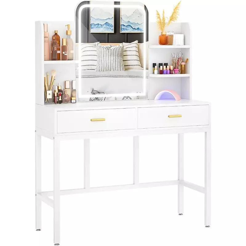 مكتب تزيين المكياج مع مرآة وأضواء ، طاولة زينة لغرفة النوم ، أثاث أبيض ، درجين