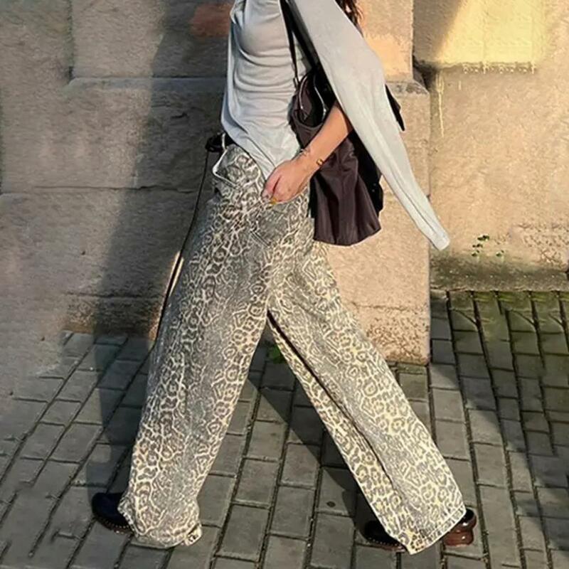 جينز بساق واسعة بطبعة جلد الفهد للنساء والرجال ، ملابس الشارع الرجعية ، بنطال جينز بجيوب هوب ، سحاب
