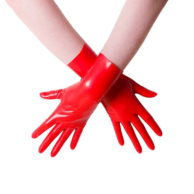 سلس ثلاثية الأبعاد للجنسين أسود أحمر قصير قفازات من اللاتكس قفازات صنم 5 إصبع طول المعصم