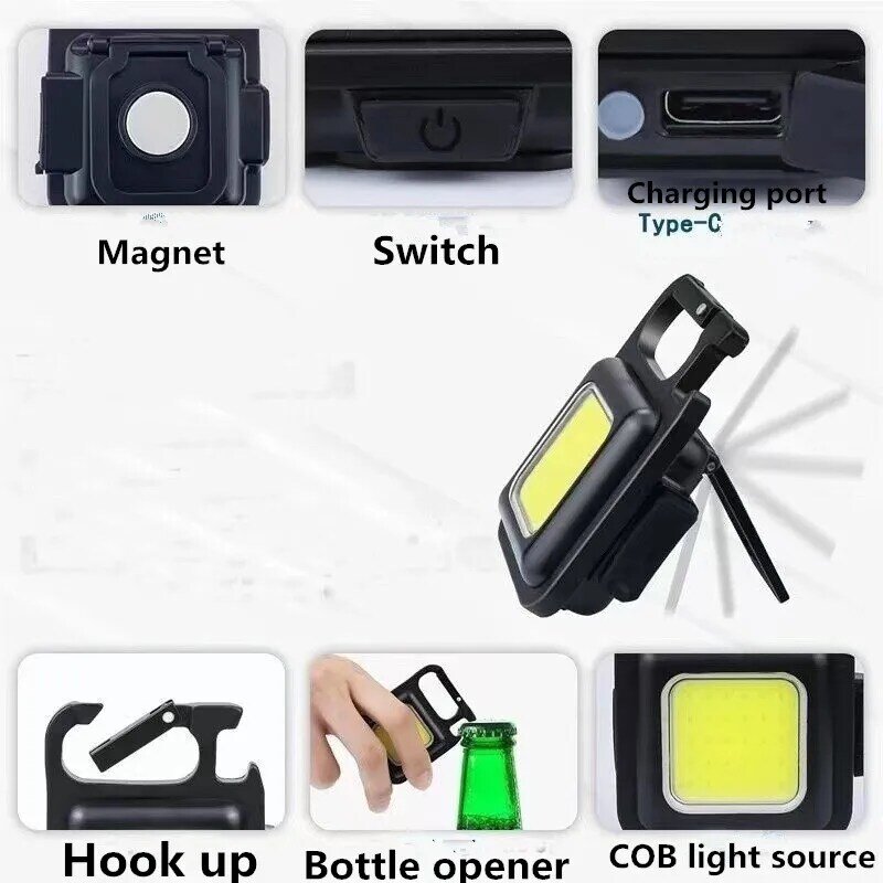 مصباح يدوي صغير LED للتخييم في الهواء الطلق ، مصباح يدوي جيب محمول ، USB قابل لإعادة الشحن ، مفتاح صغير ، مصباح عمل ، 1800LM