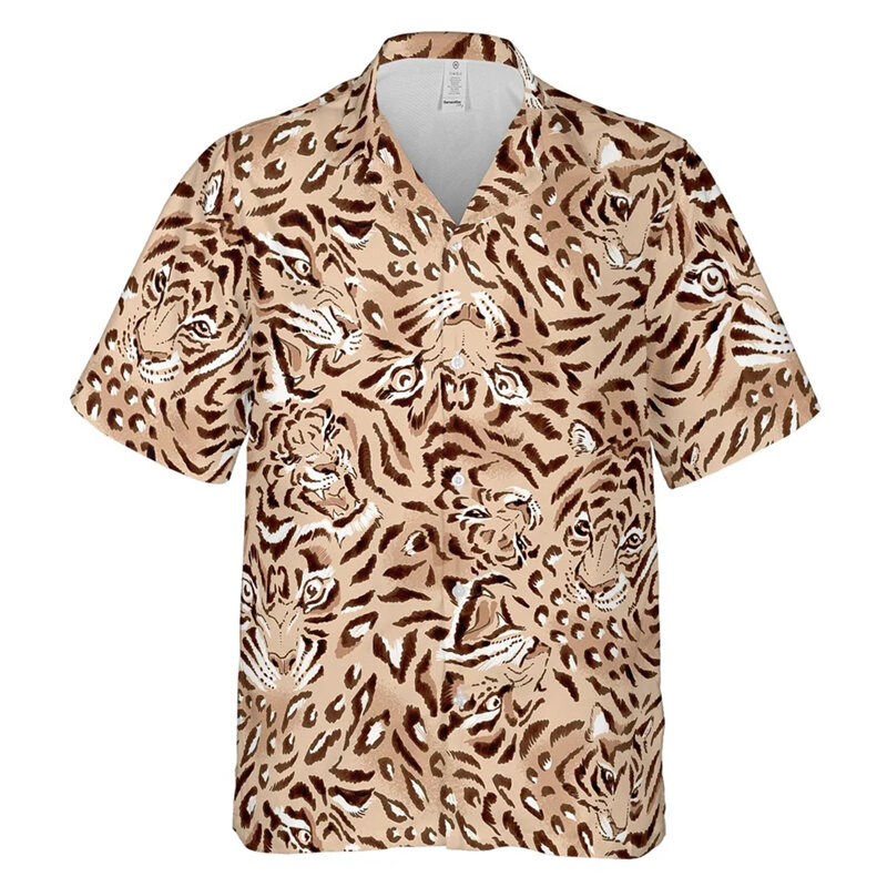 قميص رجالي هاواي بنمط النمر الشاطئ ، ملابس هاواي ، حيوان مطبوع ثلاثي الأبعاد ، أكمام قصيرة ، قمم Y2K ، بلوزة ، حفلة عطلة ، الموضة