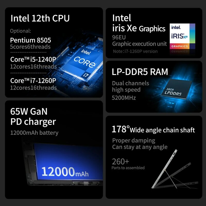 واحد نتبووك T1 13 "2K IPS سطح الكمبيوتر اللوحي 2in1 الكمبيوتر Gen12 إنتل كور i5 1240P DDR5 16G + 2 تيرا بايت SSD ويندوز 11 واي فاي 12000mAh 65 واط