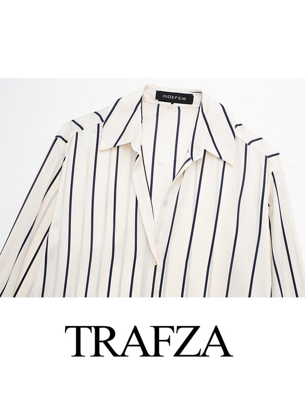 TRAFZA-بلوزة نسائية من الساتان بصدر واحد ، ياقة مقلوبة بخطوط بيج ، أكمام طويلة ، قمصان أنيقة عالية في الشارع ، جديد ، صيف