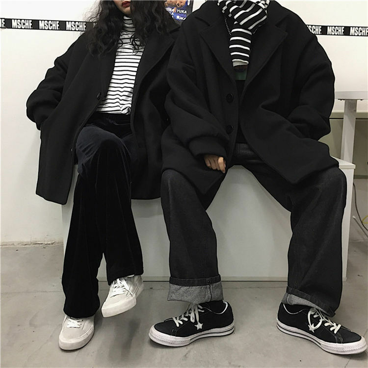 معطف صوفي للسيدات النسخة الكورية Harajuku معطف صوفي سميك للزوجين فضفاض بتصميم عتيق