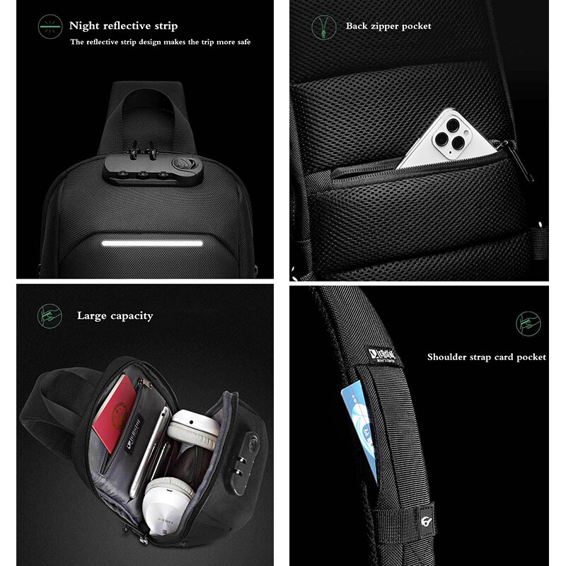 حقيبة كتف متعددة الوظائف للرجال ، حقيبة كروس بودي USB ، حقيبة رسول السفر ، حقيبة الصدر للذكور ، أزياء العمل