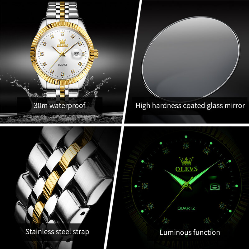 ساعة يد OLEVS للرجال من الفولاذ المقاوم للصدأ مقاومة للماء ، ساعات رياضية ، ساعة يد فاخرة ، تاريخ ، علامة تجارية مشهورة ، أزياء
