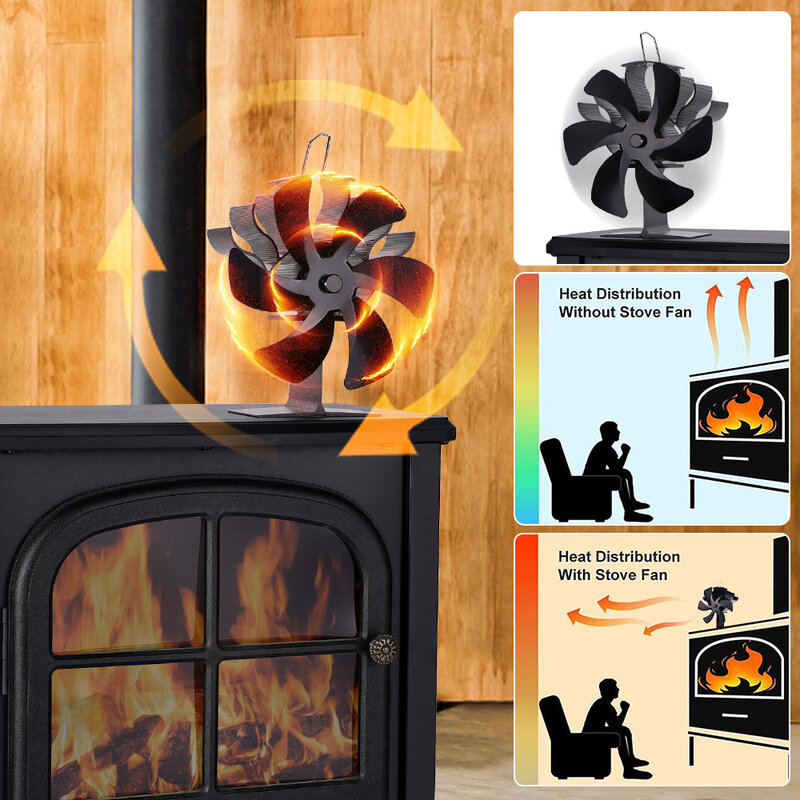 أسود تبديد الحرارة مروحة الموقد ، الموقد الخشب ، هادئة ، كفاءة ، حماية البيئة ، المنزلية ، 6 شفرة