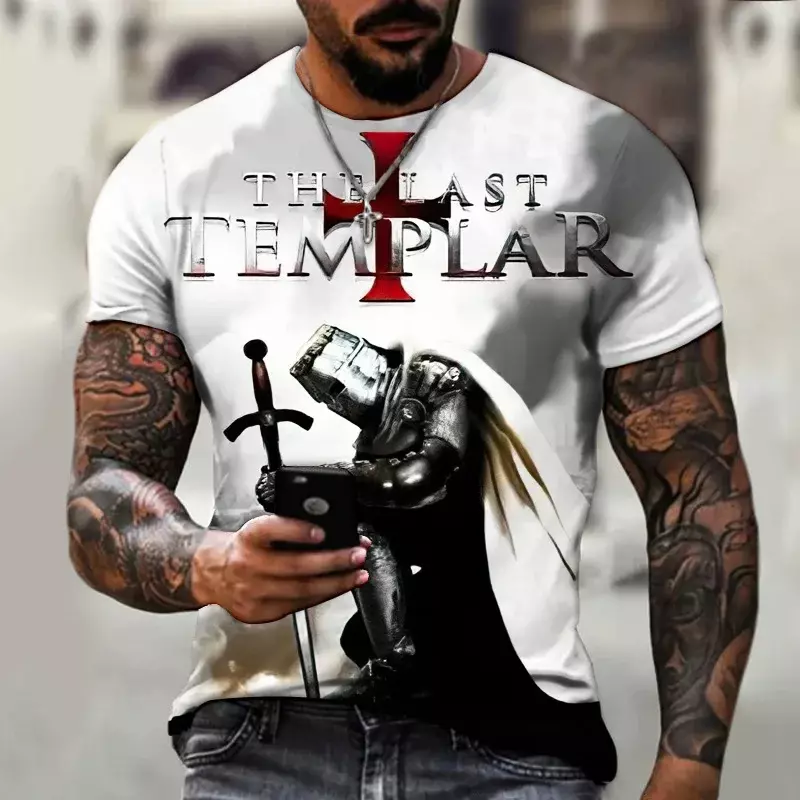 تي شيرت رجالي مطبوع ثلاثي الأبعاد على شكل فارس من Templar ، نمط متقاطع كبير جدًا ، توب ملابس شارع من ورق التريكو ، موضة جديدة ، صيف