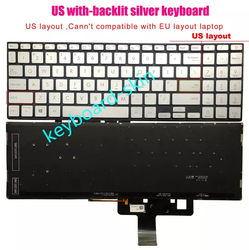 جديد الفضة الولايات المتحدة الخلفية لوحة المفاتيح ل Asus Vivobook X521FA X521FL X521EA X521EQ X521UA X521IA X521JQ المحمول