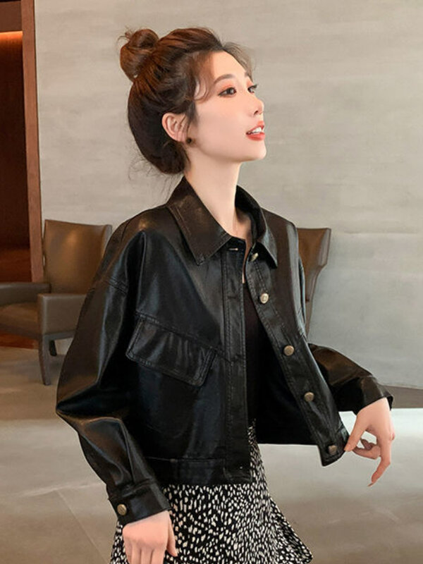 High Street Korean Biker Leather Jacket Women 2022 Autumn Vintage Loose Button Cropped Jacket Lady Thin Fashion Chic Top Winter