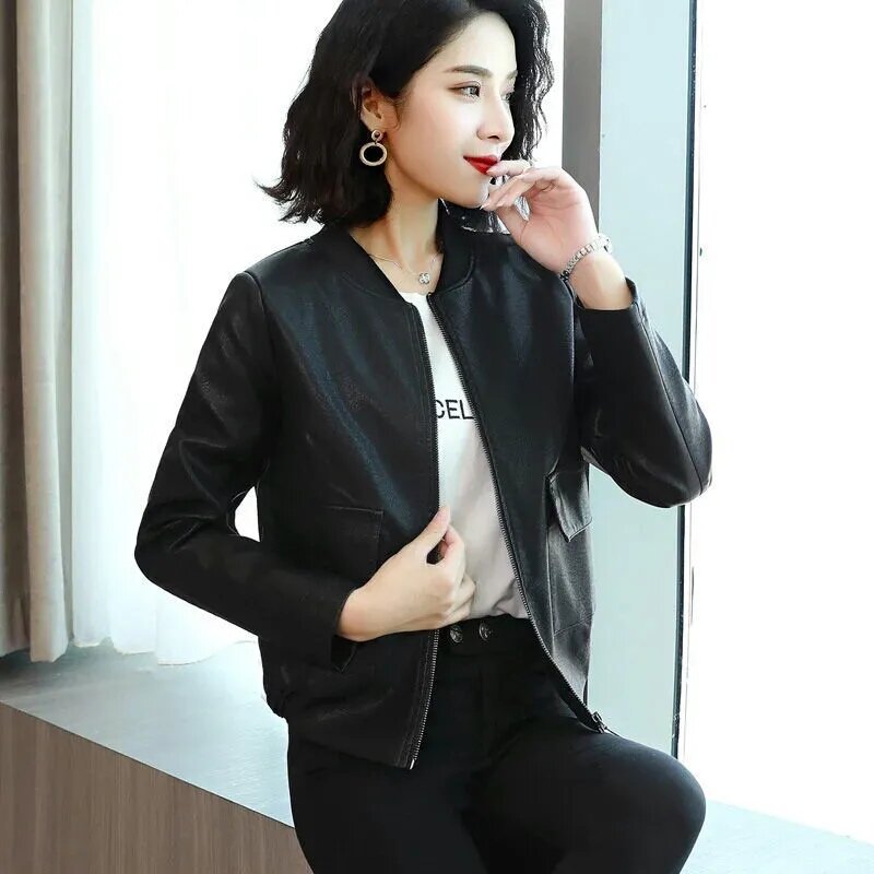 غير قابلة للكسر جلد النساء قصيرة الكورية فضفاض البيسبول موحدة سترة فضفاضة غير رسمية سيدة طويلة الأكمام سستة بولي Leather معطف من الجلد