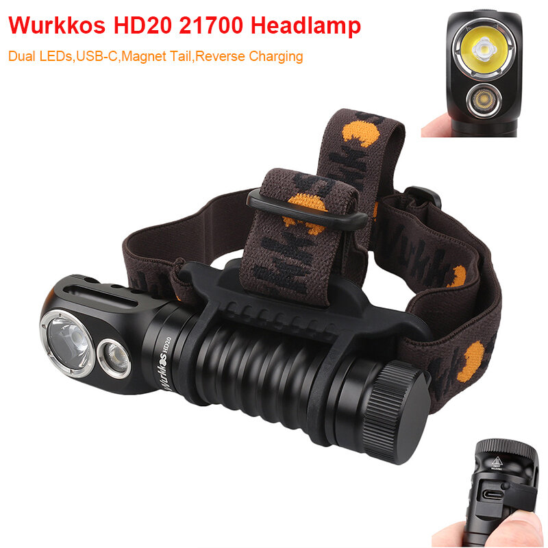 Wurkkos-مصباح LED ثنائي قابل لإعادة الشحن ، كشافات HD20 ، 21700 ، 2000lm ، مصباح LED مزدوج ، LH351D ، XPL ، USB ، شحن عكسي ، عمل الذيل المغناطيسي ، ضوء المخيم
