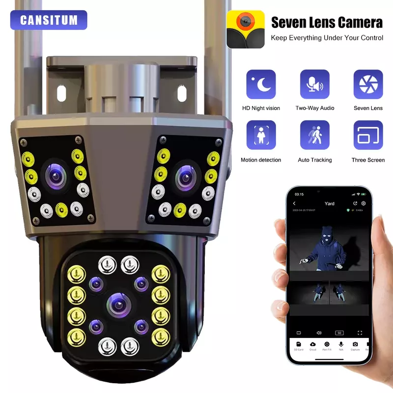 CANSITUM-كاميرا IP خارجية مع تتبع الحركة ، كاميرا فيديو PTZ ، نظام أمان مضاد للمياه ، 3 عدسات ، 3 شاشة ، 4K ، 12MP ، 6K