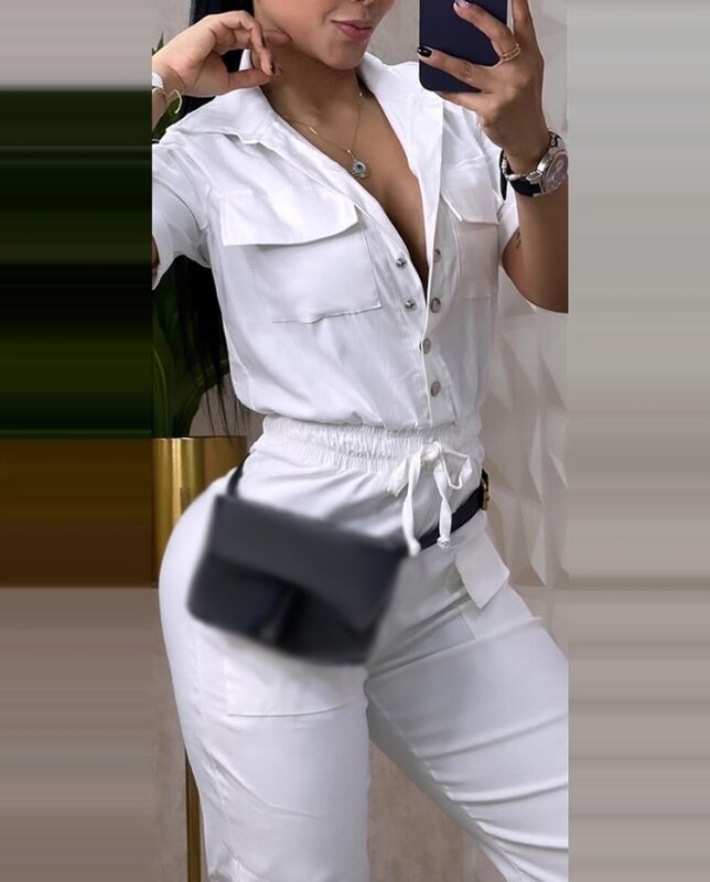 أفرول كارجو غير رسمي للنساء ، تصميم جيب مكبل ، أحادي اللون ، ياقة مطوية لأسفل ، أكمام قصيرة ، الصيف ،