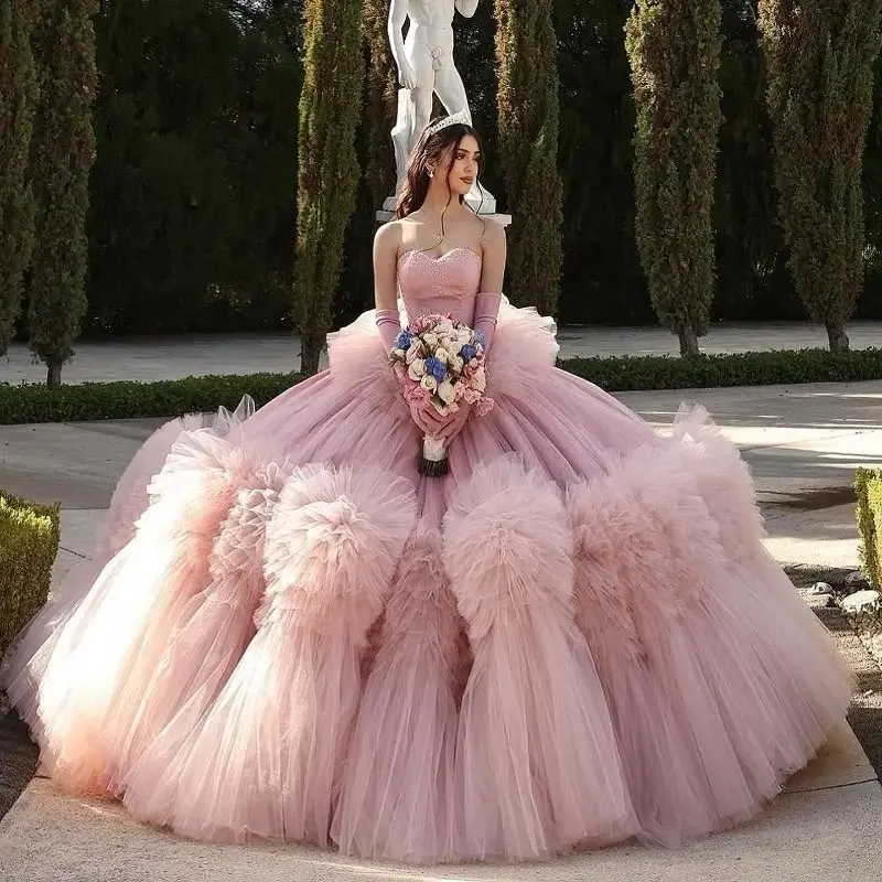 تول فستان حفلة مكشكش ، فساتين Charro Quinceanera الوردية ، 16 فستان حلو مكسيكي ، 15 سنة ، 15 سنة