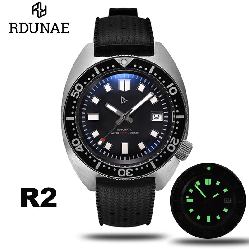RDUNAE/RETANGULA-ساعة ميكانيكية للرجال ، ماركة R2 سلحفاة ، زجاج الياقوت ، الفولاذ المقاوم للصدأ ، الرياضة ، مقاومة للماء