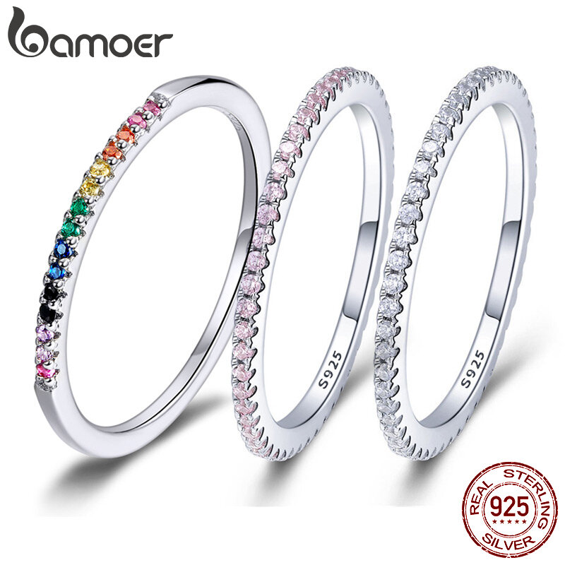 خاتم فضة Bamoer-925 للنساء ، الماس تكويم ، مطلي البلاتين ، العصابات الخلود