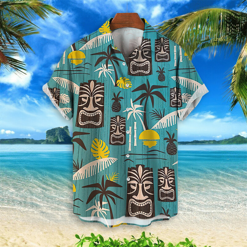 تيكي رجالي منقوش قميص هاواي ، تيشيرتات شاطئ ، كاجوال استوائي ، توبات بأكمام قصيرة ، بلوزة بأزرار ، ملابس رجالية كبيرة الحجم