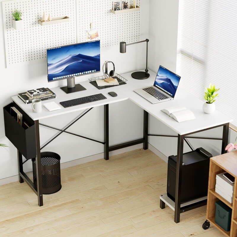 مكتب كمبيوتر على شكل حرف L مع أرفف تخزين وجيوب جانبية ، مكتب للكتابة ، زاوية غرفة النوم ، 50 بوصة