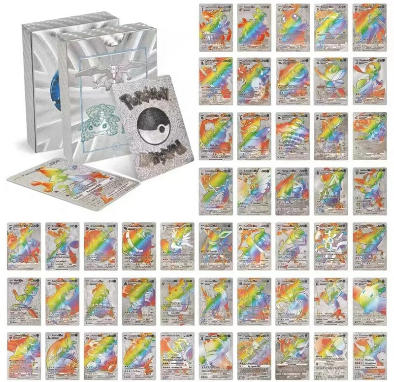 مجموعة بطاقات بوكيمون ثلاثية الأبعاد من رقائق الذهب ، VSTAR ، GX ، VMAX ، Charizard ، بيكاتشو ، Arceus ، قوس قزح ، إنجليزي ، فرنسي ، إسباني ، 55 روض