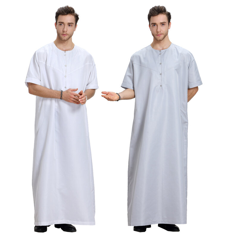 مسلم الرجال الصيف قصيرة الأكمام الياقة المستديرة زر رداء العربية الذكور الكبار الكاحل طول ثوب رمضان عيد الملابس