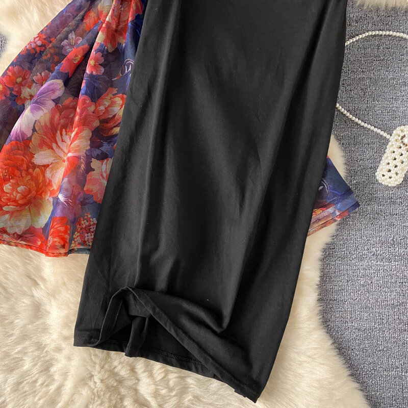 Harajpoe-فستان نسائي فرنسي أنيق بزهور ، رقبة على شكل حرف V ، كم فقاعة ، حزام خصر ، فاخر ، قصير ، صيفي